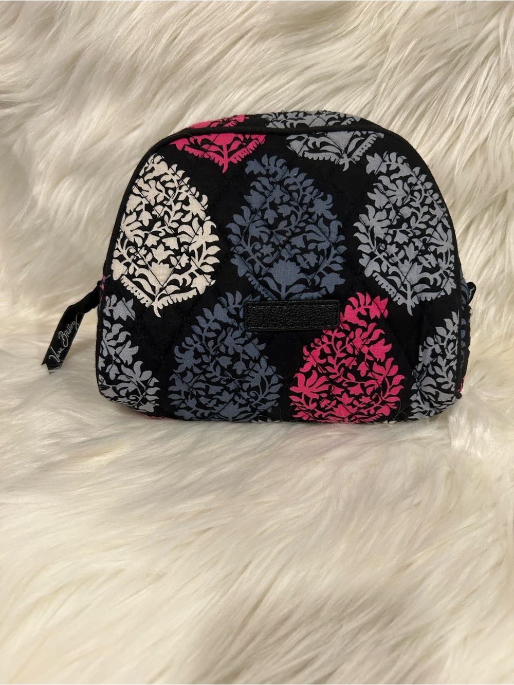Vera Bradley Quilted Black Cosmetic Pouch with Pink, Gray & Black Floral Motif